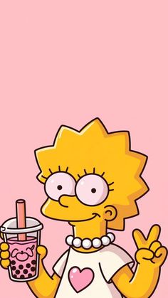 the simpsons is holding a drink in her hand and giving the peace sign with both hands