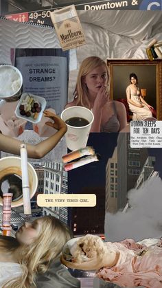 a collage of photos with different people and things in the middle one woman is holding a coffee cup