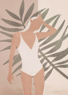 a woman in a white swimsuit standing next to a palm tree and looking into the distance