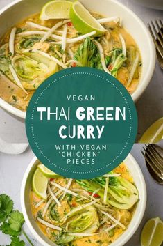 vegan thai curry with veggies and cilantros in white bowls