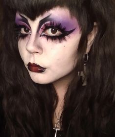 Hekate Makeup, Unique Goth Makeup, Formal Goth Makeup, Purple Witchy Makeup, Colorful Goth Makeup, 80s Goth Makeup, Purple Goth Makeup, Trad Goth Makeup 80s, Traditional Goth Makeup