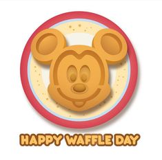 a happy waffle day greeting card with a cartoon mouse face on a white background