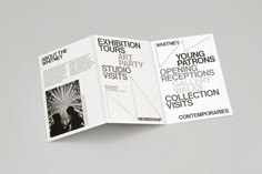 an open brochure with black and white text on it that reads exhibition tours