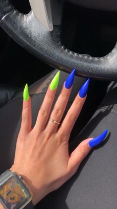 Summer Nails 2023 Bright, Neon Summer Nails 2023, Neon Summer Nails, Neon Blue Nails, Blue Stiletto Nails, Stilleto Nails Designs, Summer Nails 2023, Neon Acrylic Nails, Neon Summer