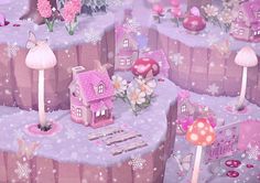 there are many little houses on the hill with flowers and balloons in front of them