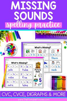 the missing sounds spelling practice for kids is shown with pictures and words to help them learn how