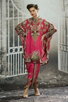 Fuchsia pink shirt kurta with floral print and gazette sleeves. Paired with printed dhoti pant. - Aza Fashions Eid Pink Salwar Kameez With Unstitched Blouse, Pink Bollywood Kaftan With Dabka, Pink Pant Set With Dupatta For Eid, Festive Pink Pant Set With Traditional Drape, Unstitched Pink Pant Set With Zari Work, Pink Pant Set With Dabka Work For Diwali, Traditional Pant Set With Dupatta For Reception, Traditional Pink Pant Set With Traditional Drape, Traditional Drape Pant Set For Eid Reception