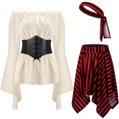 two pieces of clothing including a corset, belted top and striped skirt