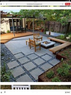 an outdoor patio with wooden furniture and stone steps leading to the back yard, surrounded by greenery