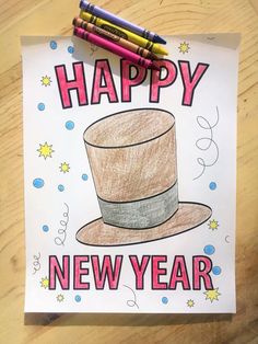 a happy new year card with a drawing of a top hat and two crayons