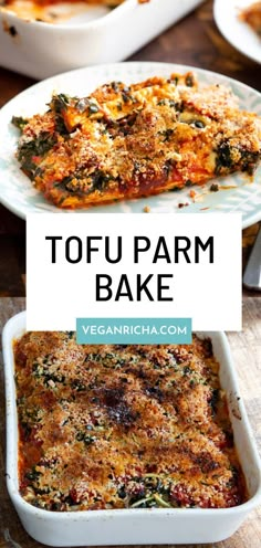 tofu parm bake in a white casserole dish with text overlay