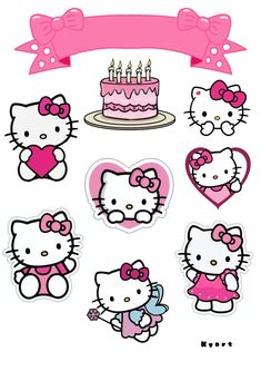 hello kitty birthday stickers are shown in pink and white, as well as a cake