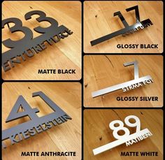 four different types of metal letters and numbers on a wooden surface with text below them