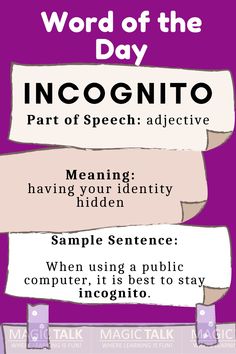 the word of the day infognito is written in different font styles and colors