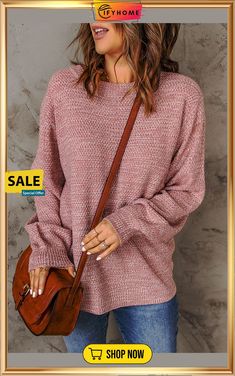 Pink Subtle Heather Knit Bishop Sleeve Sweater Casual Long Sleeve Knit Top For Winter, Casual Long Sleeve Winter Knit Top, Pink Knit Top For Fall, Casual Crew Neck Knit Top For Winter, Casual Long Sleeve Knit Sweater, Casual Pink Knit Top For Fall, Casual Chunky Knit Long Sleeve Top, Cozy Fit Knit Outerwear With Crew Neck, Long Sleeve Knit Top For Fall