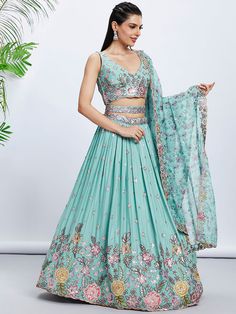 This Lehenga Choli is Ready to Wear Elevate your party wear game with our Turquoise Blue Multi Thread-Dull Golden Sequins Chiffon Embroidered Lehenga choli. This elegant piece boasts intricate embroidery and shimmering sequins in a stunning turquoise blue color. Perfect for any occasion, this lehenga choli is sure to turn heads and make you stand out in the crowd. Lehenga:-Made of premium quality Pure Chiffon fabric Full Flare Lehenga With Sequins work and Coding thread Embroidery work. Has a th Chiffon Lehenga, Embroidery Lehenga, Sequence Blouse, Indo Western Gown, Floral Digital Print, Saree Petticoat, Lehenga Dupatta, Full Sleeve Blouse, Saree Jewellery