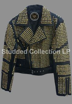 Men Handmade Mono Goldon Studded Punk Rock Mode Black Stylish Leather Jacket on Storenvy Studded Fitted Biker Jacket With Long Sleeves, Fitted Studded Long Sleeve Biker Jacket, Fitted Long Sleeve Biker Jacket With Studs, Fitted Long Sleeve Studded Biker Jacket, Studded Leather Jacket For Alternative Fashion In Fall, Studded Leather Jacket For Fall Alternative Fashion, Edgy Studded Outerwear, Punk Style Studded Outerwear For Fall, Alternative Studded Fall Outerwear