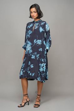 Blue dress with garden print, kimono sleeves and pleated back. - Aza Fashions Blue Midi Dress With Pleated Sleeves For Spring, Blue Floral Print Viscose Dress, Blue Summer Dresses With Pleated Sleeves, Blue Floral Print Midi Dress In Viscose, Blue Floral Print Viscose Midi Dress, Blue Printed Viscose Dresses, Spring Viscose Dress With Pleated Sleeves, Leh, Studio Blue