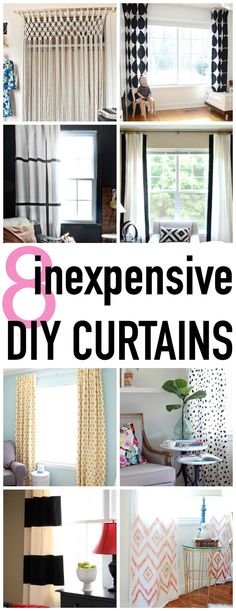 the words 8 expensive diy curtains are shown in black and white, with images of different