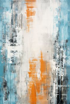 an abstract painting with blue, orange and white colors on the bottom half of it