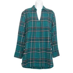 Lee Top Womens M L Long Sleeve Green Plaid Cotton Blend Flannel Tunic Buttons* Flannel Tunic, Bell Sleeve Shirt, Blue Striped Top, Fitted Sleeves, Plaid Blouse, Tunic Style, Women Tunic Tops, Tunic Styles, Top For Women