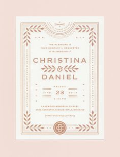 a pink and white wedding card with the words, christina and danielle on it