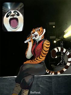 a cartoon tiger sitting on top of a stage with his mouth open and tongue out