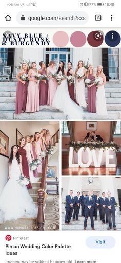 the bride and grooms are posing on the stairs with their bridal gowns