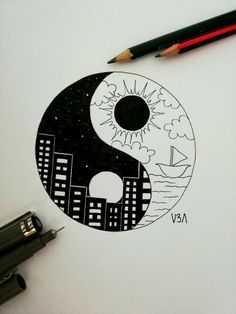 a black and white drawing of a yin yang symbol with cityscape in the background