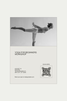 an advertisement for yoga for beginners workshop with a woman doing the splits on one leg