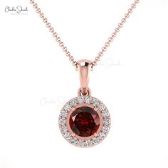 Description This round-shaped Designer Garnet Pendant with round-cut diamonds is one of the most fabulous pieces of jewelry pendants. January birthstone garnet encircles with pave 18 PCS diamonds to give the center of attraction. AAA garnet gemstone is a stud in prong setting and craft in 14k solid gold. This solitaire halo pendant is winsome with your outfit. The gold chain shown in the pictures is just for reference and display purposes, in order pendant comes with a COMPLIMENTARY 925 SILVER C Round Rose Gold Garnet Jewelry, Rose Gold Garnet Jewelry, Garnet Round Necklace In Fine Jewelry Style, Fine Jewelry Garnet With Brilliant Cut, Fine Jewelry With Brilliant Cut Garnet, Garnet Round Necklaces Fine Jewelry, Fine Jewelry: Brilliant Cut Garnet, Round Garnet Jewelry With Halo Setting, Red Pave Setting Jewelry For Gift