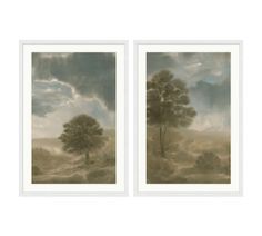 two paintings of trees in the middle of a field, with clouds above them and below