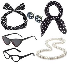 PRICES MAY VARY. 50's sexy cat eye glasses:the frame is made of high quality plastic with metal hinges, it is very sturdy Sheer chiffon scarf vintage style accessory best for women and children. Tiffany womens vintage retro rockabilly headband - 50s Style. 50s Polka Dot Earrings,best retro gift for her Packet include:2 x glasses,1 x scarf ,1 x headband, 1 x earrings Packet include:
 2 x 50's sexy cat eye glasses
 1 x Sheer chiffon scarf 
 1 x Tiffany rockabilly headband 
 1 x 50s Polka Dot earri 1950s Accessories, 50's Costume, 50s Costume, Trendy Scarves, Bandana Tie, Polka Dot Earrings, Pearl Jewelry Set, Costume Jewelry Sets, Tie Headband