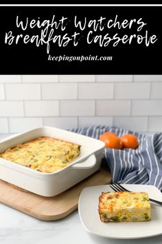 a casserole dish with broccoli and cheese in it on a cutting board