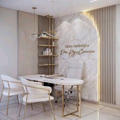 an office with marble walls and white chairs around a round table in front of a shelving unit