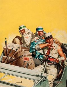 an image of three men in a car that is painted on the side of the road