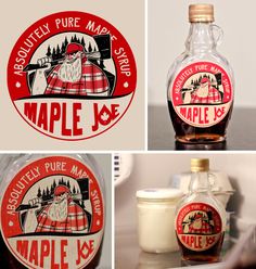 three different logos and labels for maple syrup