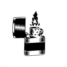 a black and white drawing of a lighter with flames coming out of it's top