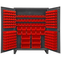 an open storage cabinet with red bins and shelves on the side, all in grey frame