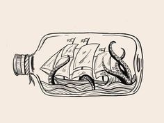 a ship in a bottle with an octopus crawling out of it's bottom and inside