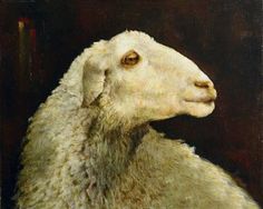 a painting of a white sheep with brown eyes