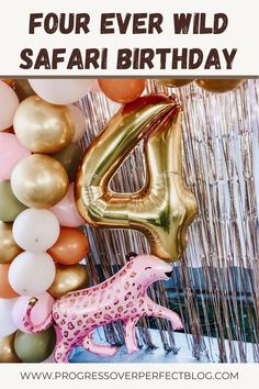 Safari Birthday Party Decorations Fourth Birthday Party Ideas, Four Ever Wild Birthday Girl, Lion Pinata, Lion Themed Birthday Party, Girl Safari Party, Four Ever Wild Birthday, Four Ever Wild, Cheetah Party, Safari Party Decorations