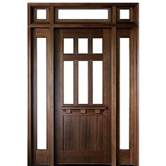 the front door is made from wood and has glass panels on each side, along with two