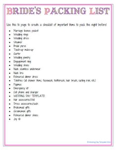 the bride's packing list is shown in this printable file, which includes instructions for