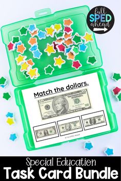 a green tray with dollar bills and stars on it that says match the dollars task card bundle