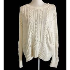 New With Tags Splendid Womens Size L Distressed Cable Knit Sweater Estimated Measurements Laying Flat Underarm To Underarm 24.5" Across Top Of Shoulder To Bottom Hem 23" Please Feel Free To Ask Questions. White Cozy Open Knit Top, Cozy White Open Knit Top, Cozy White Open Knit Sweater, Trendy White Open Knit Sweater, White Pointelle Knit Sweater, Cozy White Pointelle Knit Top, Trendy Cream Open Knit Sweater, White Chunky Knit Top For Layering, Lilac Cardigan