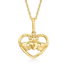 Ross-Simons - 10kt Yellow Gold Claddagh Heart Pendant Necklace. 18". Canaria fine jewelry. Perfect for everyday wear, these genuine 10kt gold wardrobe essentials are fashionable, fun and designed to last a lifetime. Strong and durable, our collection of gold classics is always a great value. Celebrate the importance of friendship, love and loyalty with this 10kt yellow gold Claddagh heart pendant necklace. Suspends from a rope chain. Springring clasp, 10kt yellow gold Claddagh heart pendant neck Gold Wardrobe, Long Pendant, Heart Pendant Necklace, Rope Chain, Free Jewelry, Real Gold, Running Errands, Heart Pendant, Wardrobe Essentials