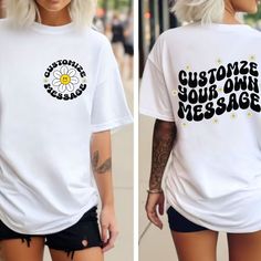 two pictures of a woman with white hair wearing a t - shirt that says customer your own message