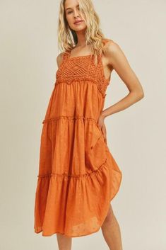 Final Sale - Get it before it's gone! The Lush Savanna Orange Rust Crochet Midi Dress is perfect for a sunny day! Textured woven fabric shapes this cute dress with crochet bodice, wide straps, and a straight neckline. A high waist tops a tiered silhouette before ending at a midi-length skirt. DETAILS & CARE Cotton/Rayon. Machine wash cold. Imported. Ruffle Midi Skirt, Crochet Bodice, Crochet Midi Dress, Crochet Midi, Boho Pink, Midi Sundress, Tiered Midi Dress, Midi Length Skirts, Pink Boho