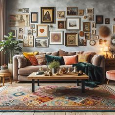 a living room filled with furniture and lots of pictures on the wall above it's coffee table